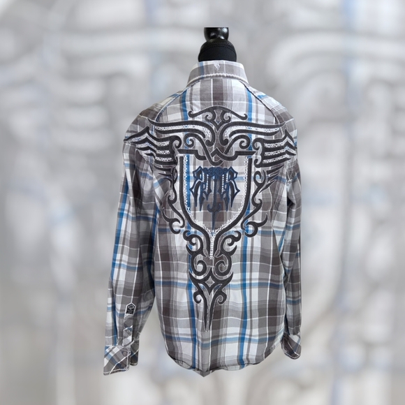 Roar Men's Gray and Blue Plaid Shirt with Embroidery Size L - Picture 3 of 13